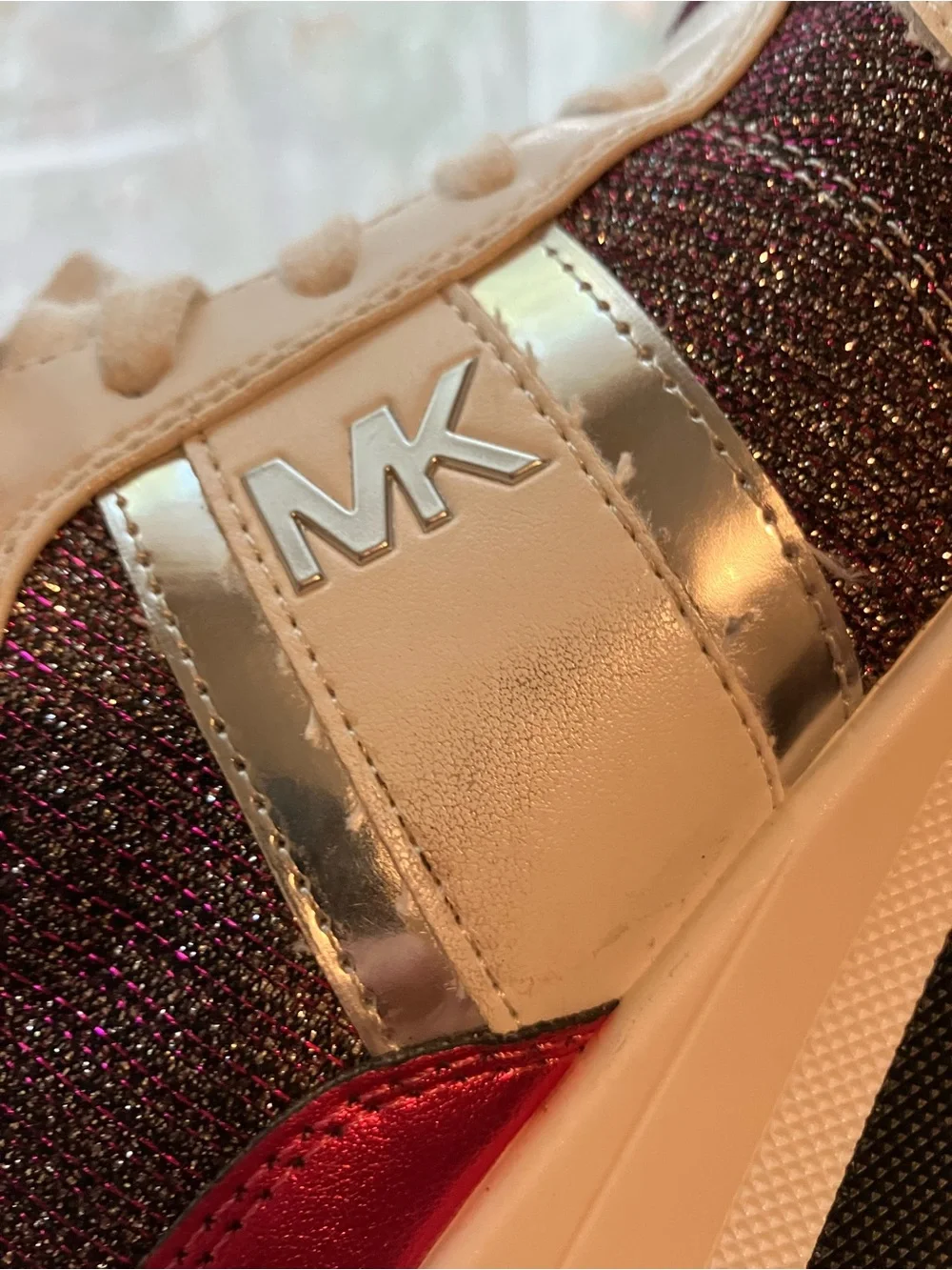 Michael Kors Burgundy Glitter Lace-Up Sneakers with White Trim